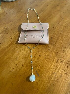 Parken Pearl Gossamer Gold-Plated Lariat Necklace Blue Beads/White Pearl Pendant